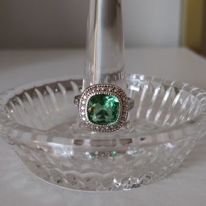 Ring Silver Tone Faceted Mint Green Peridot with Marcasites Size 7